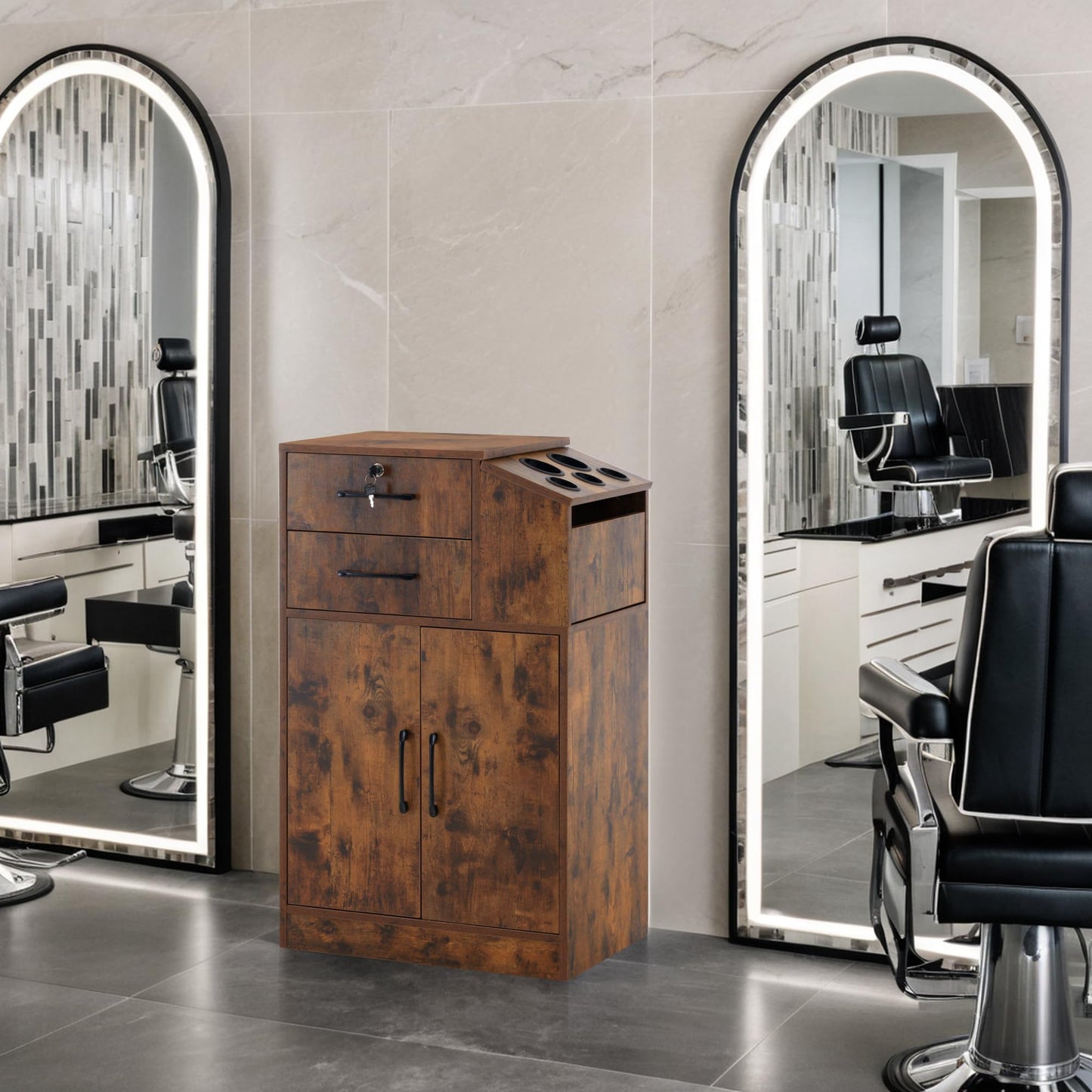 BarberPub Locking Barber Station with 2 Drawers Cabinet Beauty Salon Storage Equipment with Holders for Hair Stylist Spa 2005 (Rust Brown)