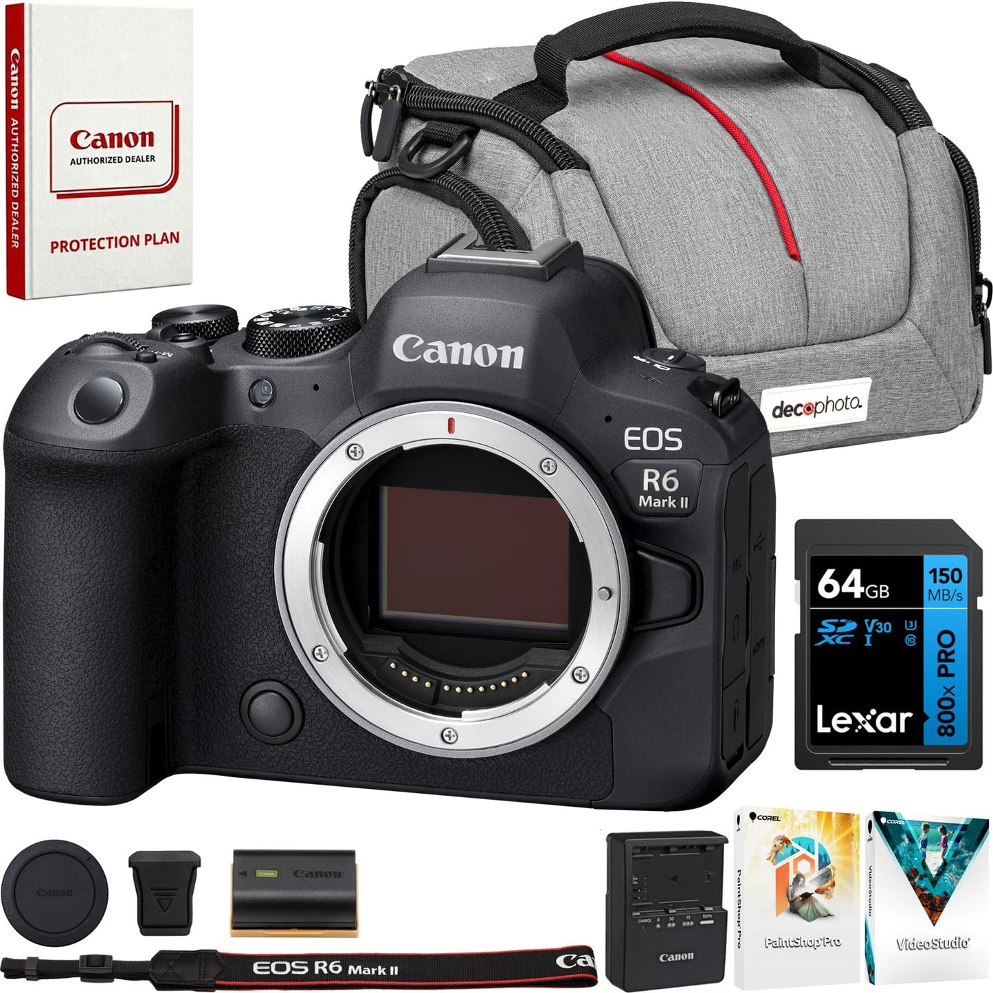 Canon EOS R6 Mark II Mirrorless Camera Body Bundle | 4K 60p, Dual Pixel CMOS AF II | Lexar 64GB Memory Card + Deco Essentials Camera Bag + Corel Photo Video Suite
