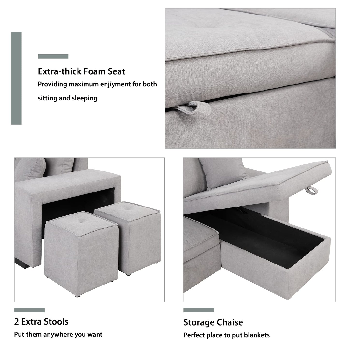 Merax Sleeper Sofa Bed with Reversible Storage Chaise Lounge and 2 Storage Ottoman, L-Shape Couch for Living Room