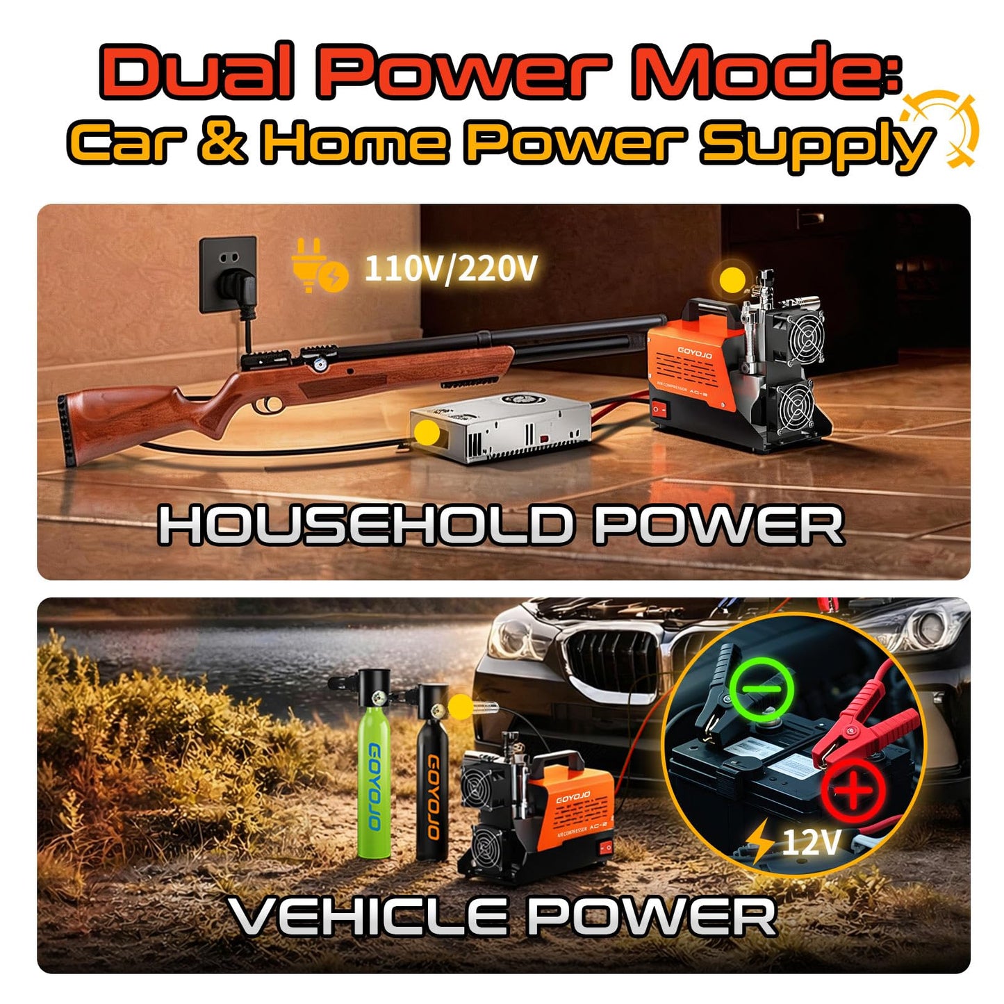 GOYOJO AC-2 PCP Air Compressor, 4500 PSI/30 MPa Portable Oil-Free Air Pump, Up to 45 Min Continuous Runtime, 12V DC & 110V/220V AC Converter, for PCP Airguns & HPA Paintball Tanks