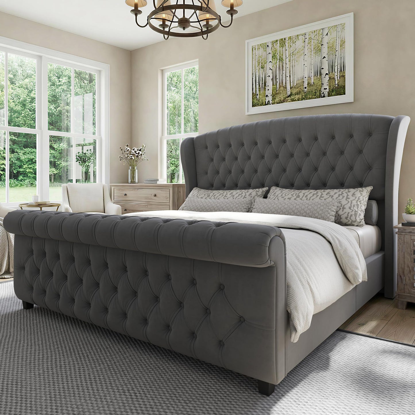 LUXOAK California King Size Platform Bed Frame, Velvet Upholstered Sleigh Bed with Curved Headboard & Footboard, Deep Button Tufted, Wood Slats Support, No Box Spring Needed, Grey