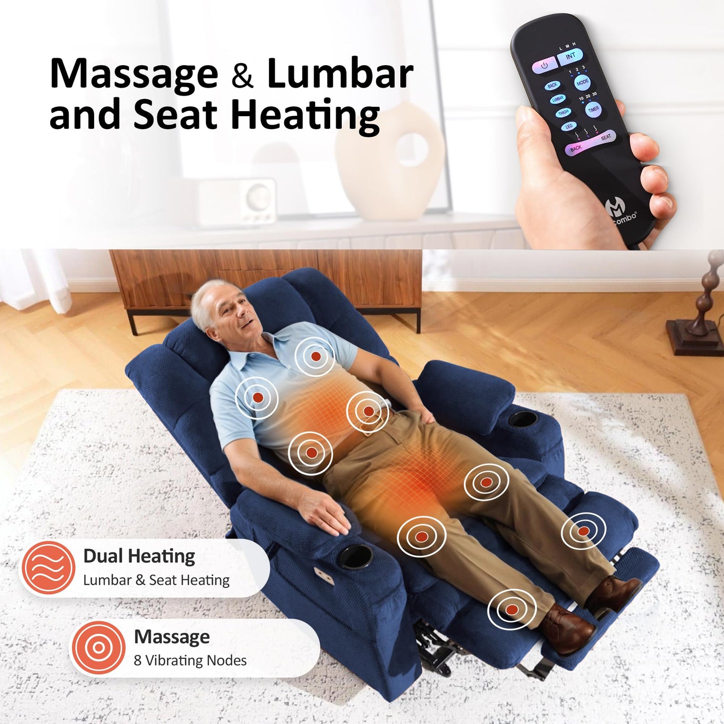 MCombo Triple Motor Lay Flat Power Lift Recliner Chair for Tall Elderly, Infinite Position, Massage, Dual Heating, Adjustable Headrest, Fabric 7634 (Navy Blue, Large)