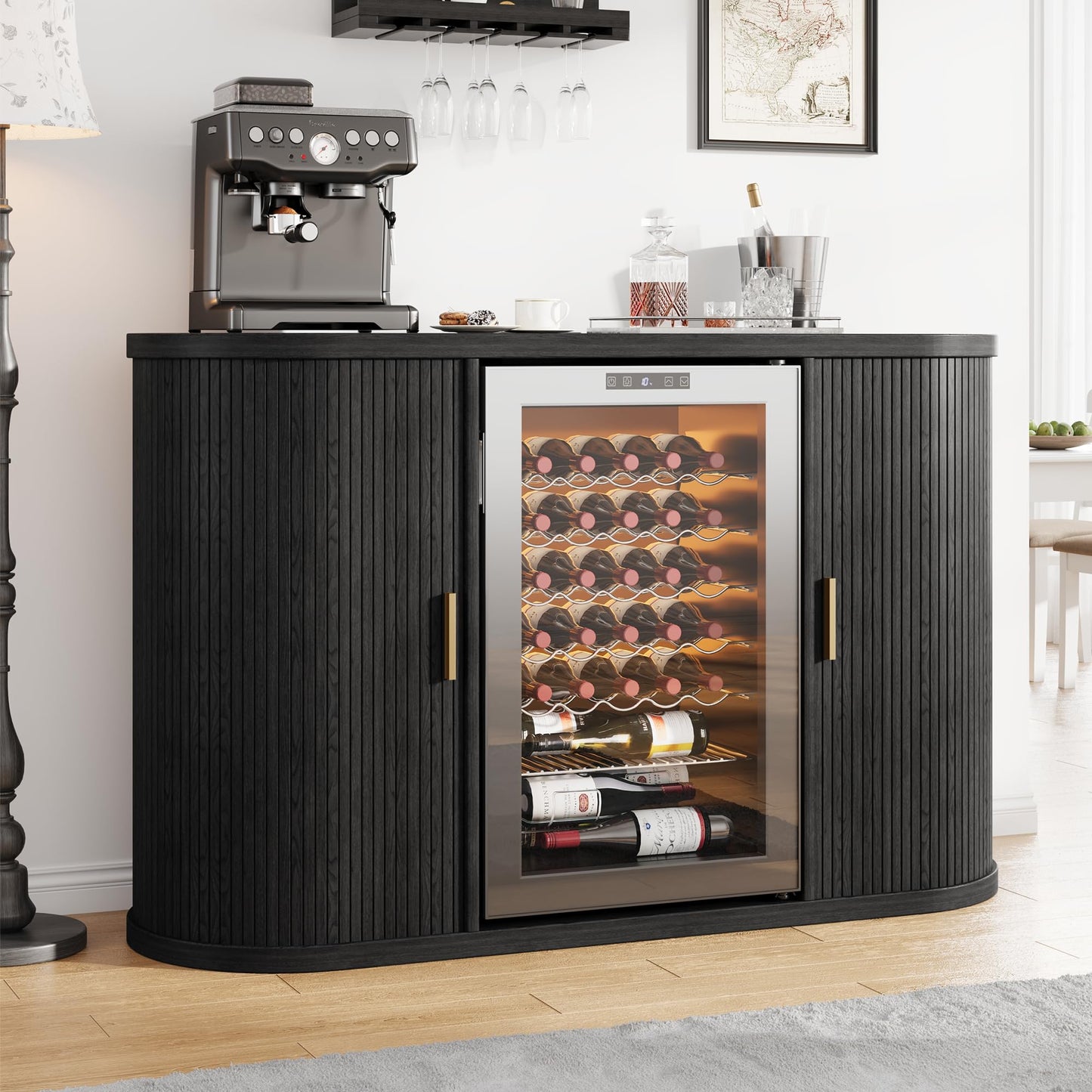 Jocoevol 53" Fluted Wine Bar Cabinet with Sliding Doors, Coffee Bar Cabinet with Charging Station & Glass Holder, Modern Liquor Whiskey Buffet Sideboard for Dining Room, Living Room, Kitchen (Black)