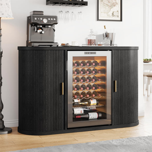 Jocoevol 53" Fluted Wine Bar Cabinet with Sliding Doors, Coffee Bar Cabinet with Charging Station & Glass Holder, Modern Liquor Whiskey Buffet Sideboard for Dining Room, Living Room, Kitchen (Black)