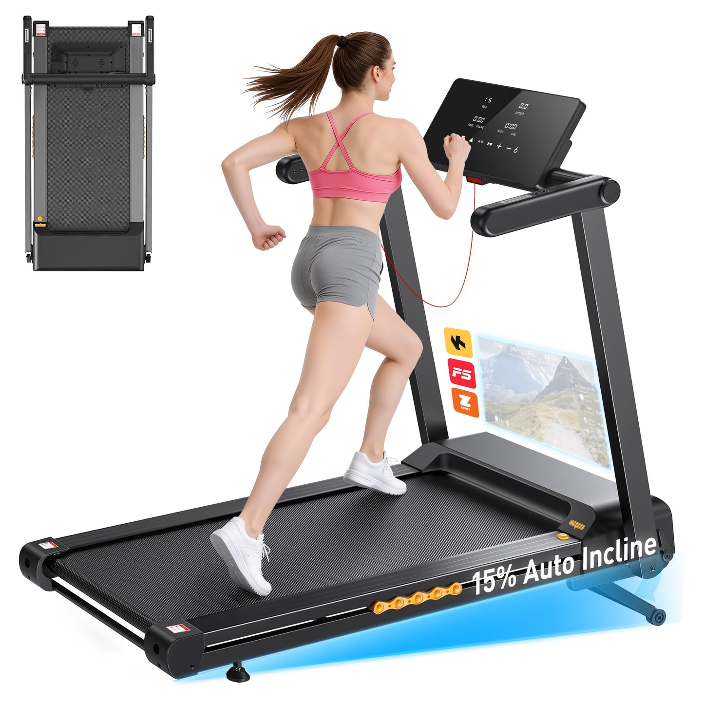 JAGJOG Treadmill for Home with 15% Auto Incline, 3.5HP Quiet Foldable Treadmill, 12 HIIT Programs, 14.96" Wide LED Touchscreen, Smart App & Heart Rate, 300 LBS Capacity, Fully Assembly（Black