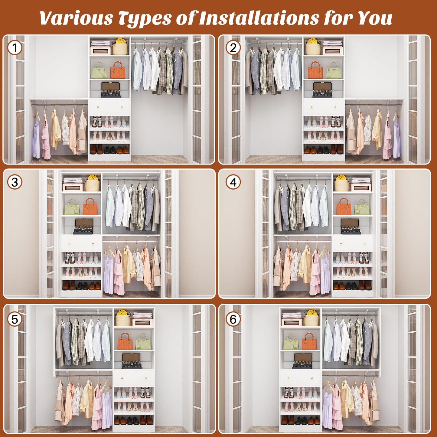 [10 FT Closet System] 120 Inch Reversible Set of 2 Wood Closet Organizer System with 2 Drawers, 4 Hanging Rods Adjustable Shelf, Walk In Closet Organizers with Shoe Rack, Garment Rack, White