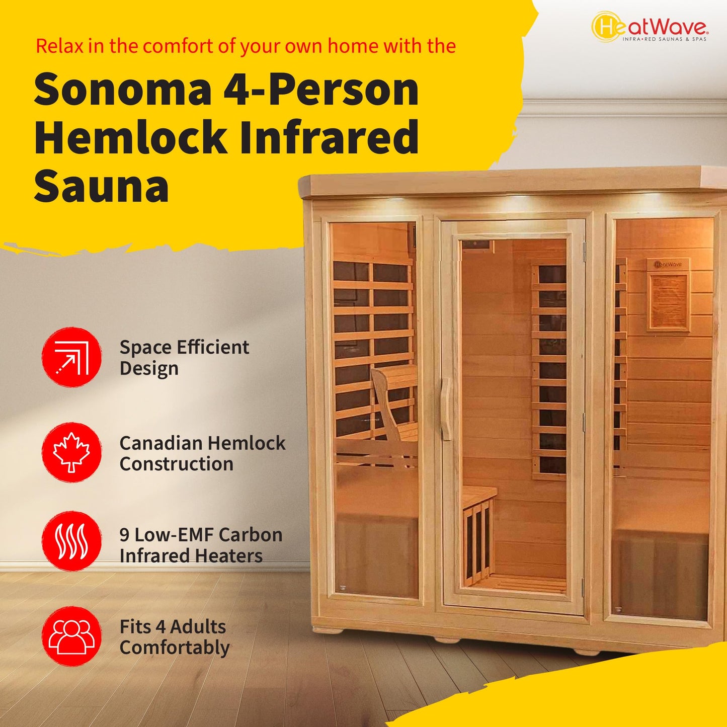 Heat Wave Sonoma 4 Person Infrared Sauna for Home - Thick Hemlock Interior with Chromotherapy Light & 9 Carbon Infrared Heaters for Energy-Efficient, Low EMF Infrared Sauna Relaxation