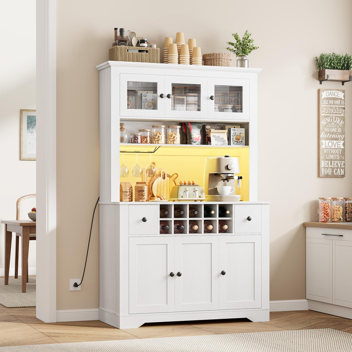 GAOMON 69" Pantry Cabinet with LED Light & Charging Station, Kitchen Pantry Storage Cabinet with Drawer & Adjustable Shelves, Coffee Bar Table for Kitchen Room, Living Room, Dining Room, White
