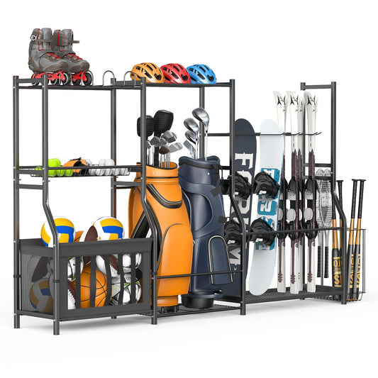WALMANN Garage Sports Equipment Organizer Stand, Freestanding Ski & Snowboard Storage Rack with Ball Bin and Golf Bag Holder, Multi-Sport Storage for Garage