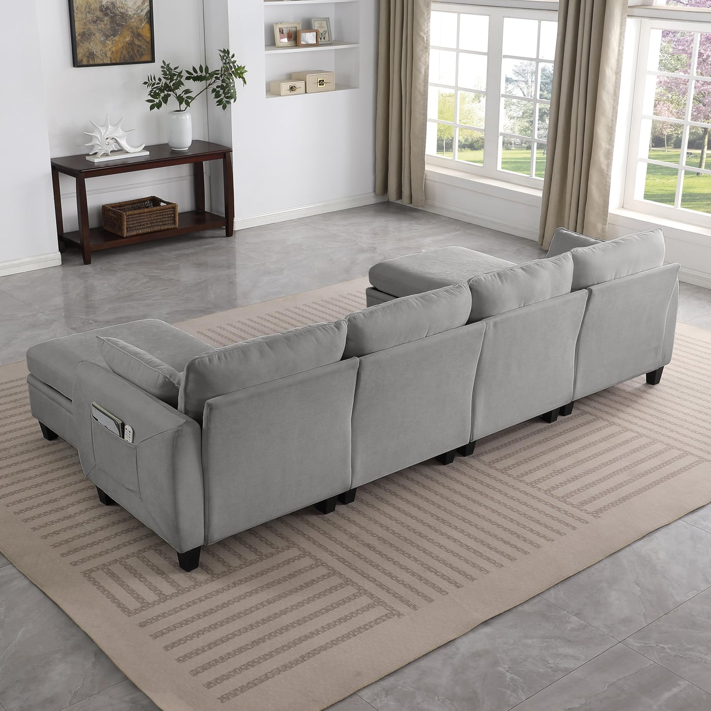 KEIKI 109 Inch Chenille Sectional Sofa Set, Modern U-Shaped Sleeper Cloud Couch with Storage Pockets & Ottoman, 6-Seater Modular Sofa Couches Bed for Apartment Living Room Lounge, Easy Assembly, Grey