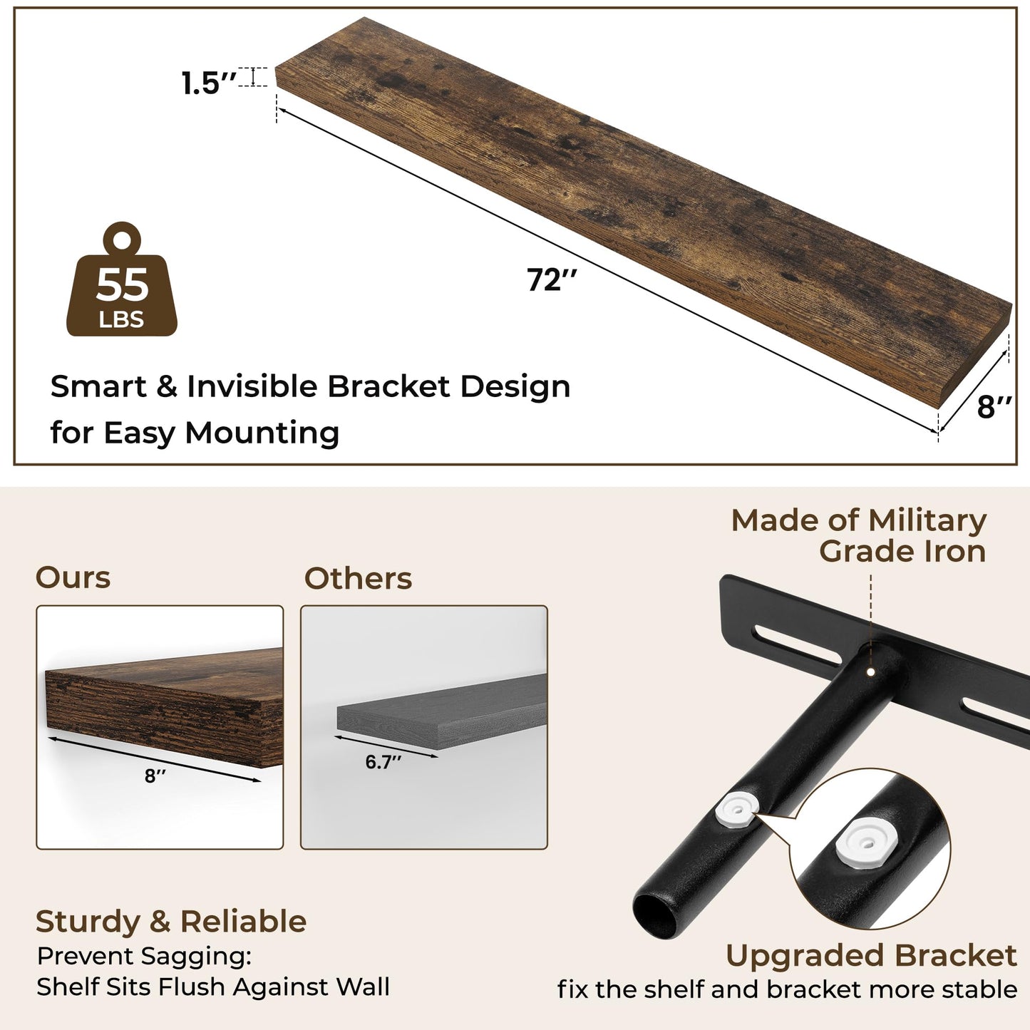 RICHFOCUS 72Inch Floating Shelves for Wall 2 Pack Shelves for Bedroom|Kitchen|Bathroom Wall Mounted Rustic Wood Floating Shelf with Invisible Brackets for Books|Storage|Decor, Rustic Brown