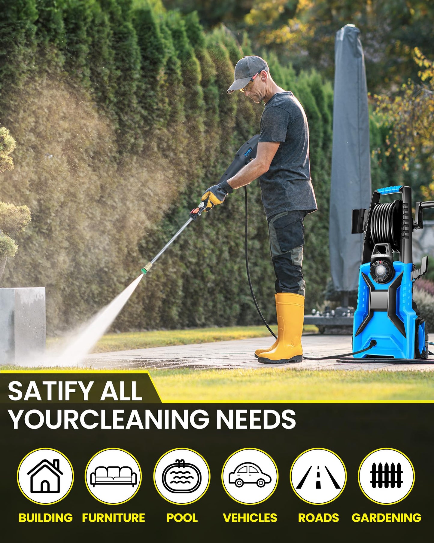 5000PSI Pressure Washer High Power Washer with 33ft Pressure Hose, 4 Nozzle and 500ml Soap Bottle for Cars/Fences/Driveways/Patios/Home Cleaning (Blue)