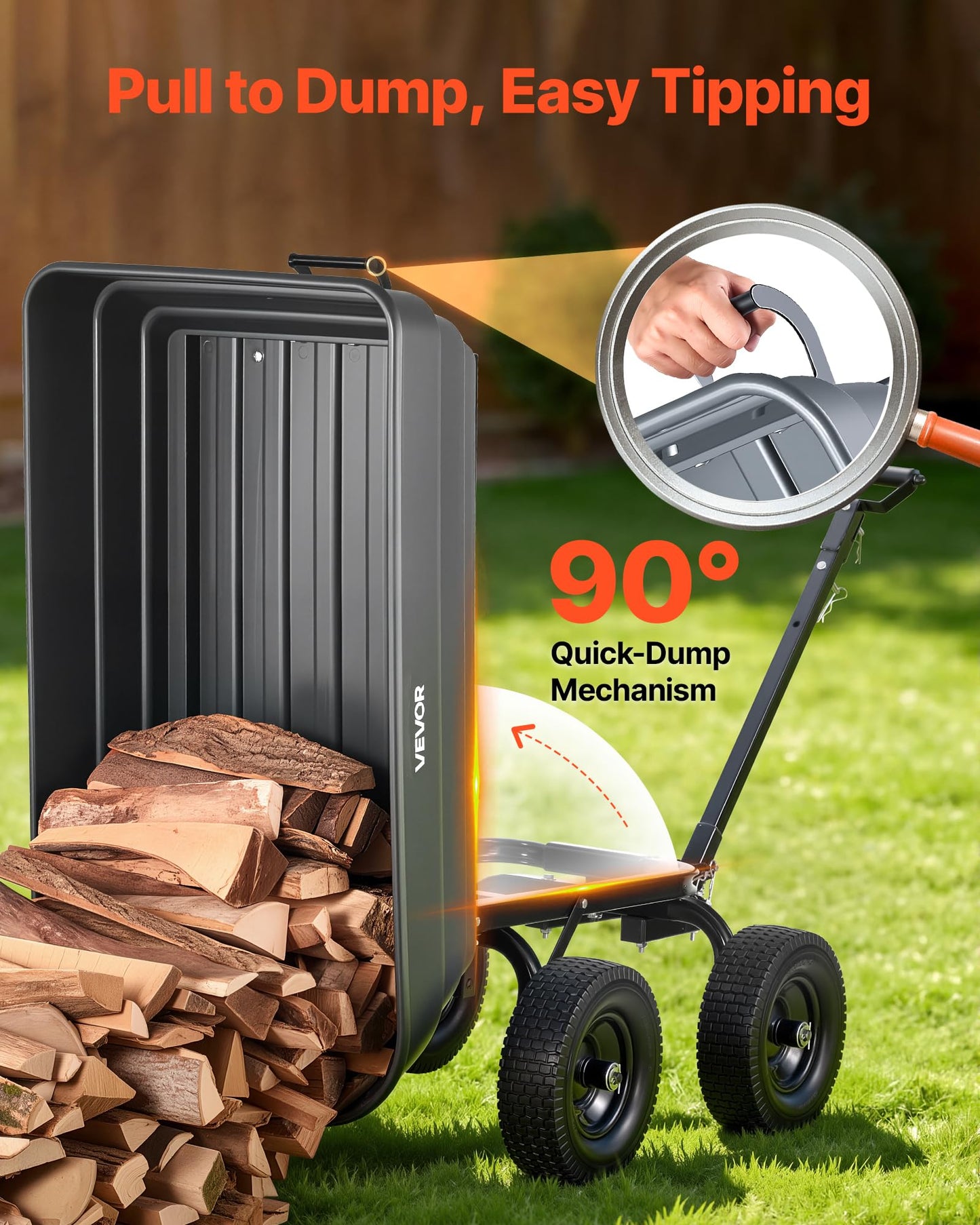 VEVOR 7 Cu.Ft 1200LBS Poly Garden Cart Dump Wagon, Heavy Duty Wheelbarrow with 2-in-1 Convertible Handle and 13" Flat Free Tires, Utility ATV Trailer Yard Dump Cart Tow Behind for Lawn Mower Tractor