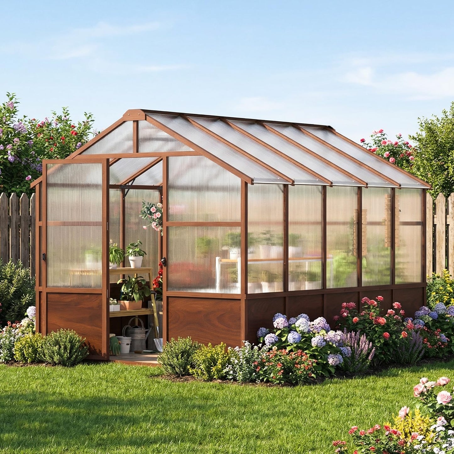 Jocoevol 8x10ft Outdoor Greenhouse, Wooden Frame Polycarbonate Greenhouse with Adjustable Roof Vents and Lockable Door Handle, Walk-in Greenhouse Perfect for Backyard and Garden