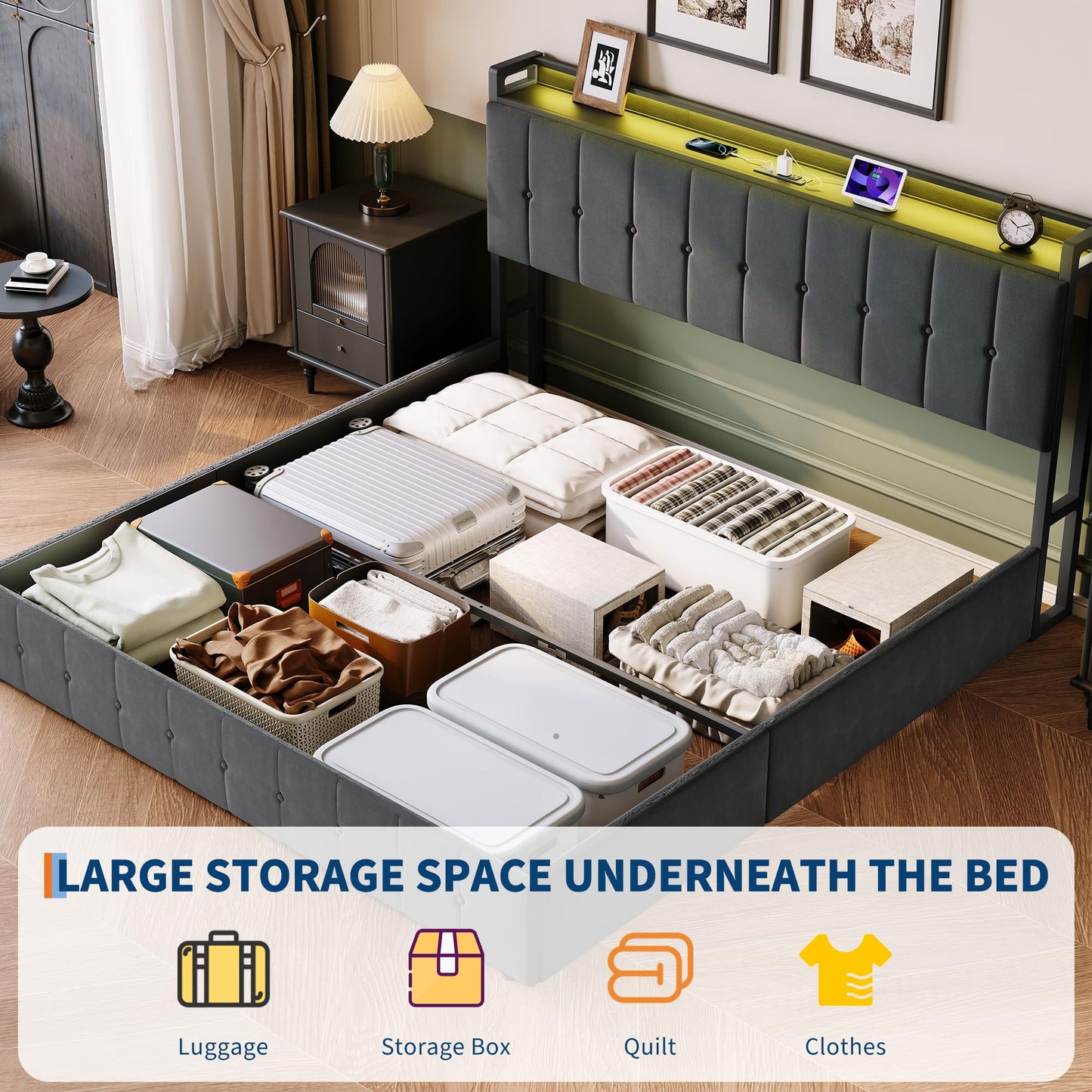 Garvee King Size Lift Up Storage Bed with LED Lights, Upholstered Velvet Bed Frame with Storage Headboard & Charging Station, Metal Platform Bed, No Box Spring Needed, Solid Wooden Slats, Grey