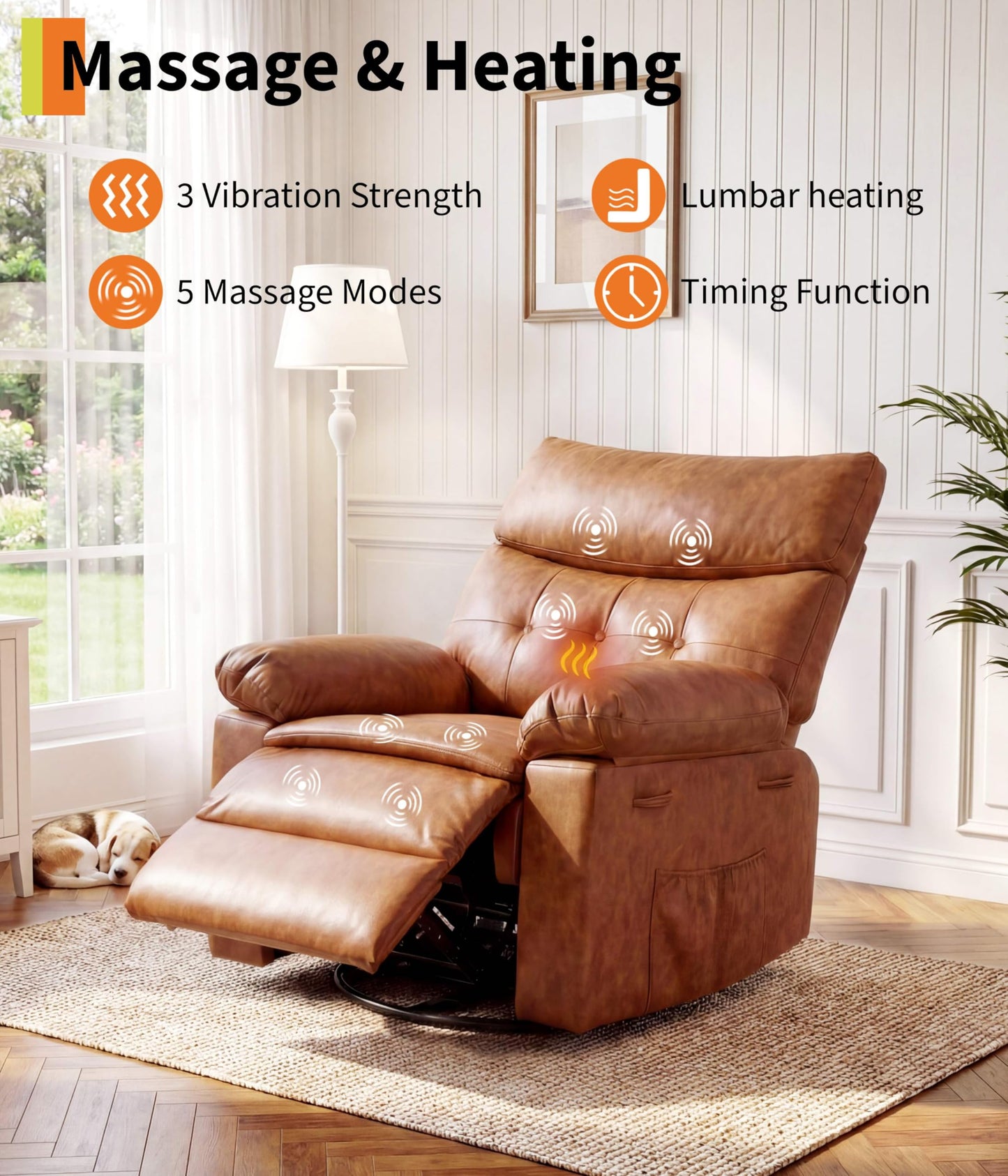 GarveeHome Leather Recliner Chair - Heat and Massage, Swivel Rocker Manual Recliner for Adults, Lazy Rocking Chair with Comfort Arms and Back Single Sofa for Living Room