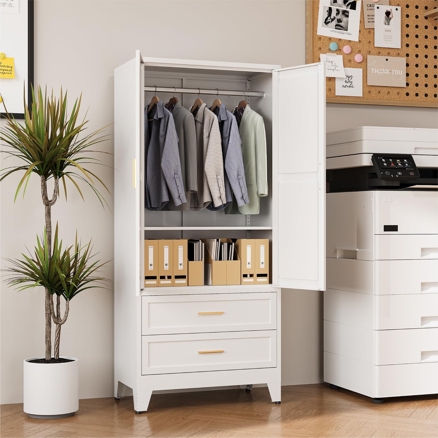 COFaR 71" Metal Wardrobe Closet with 2 Drawers & Hanging Rod, Freestanding Armoire Storage Cabinet with Adjustable Shelf and 2 Doors, White Steel Closet Organizer for Bedroom