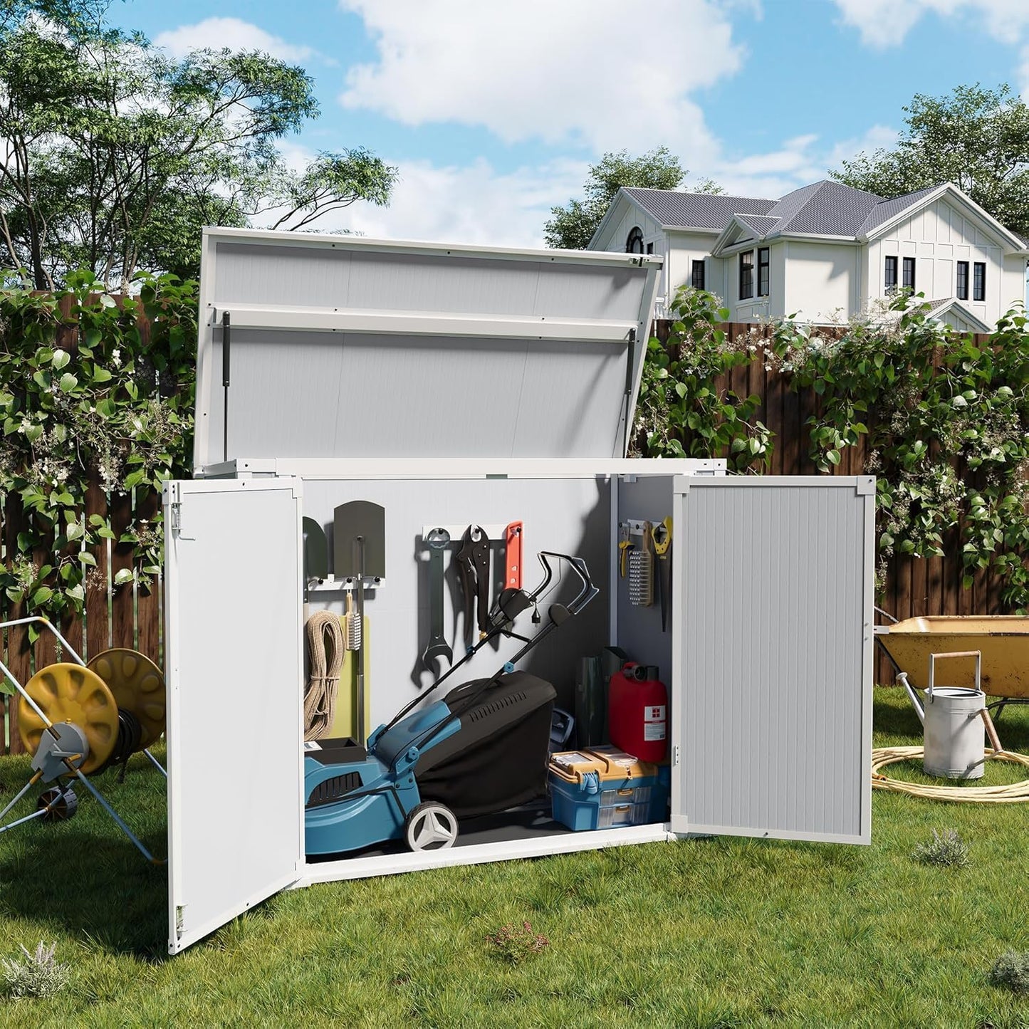 Storage Shed Outdoor Weatherproof Resin Storage Shed with Floor 41 Cu.Ft with Gas Spring, Lockable Doors for Trash Can Storage, Garden Tools, Suitable for patios, Poolside（Light Grey）