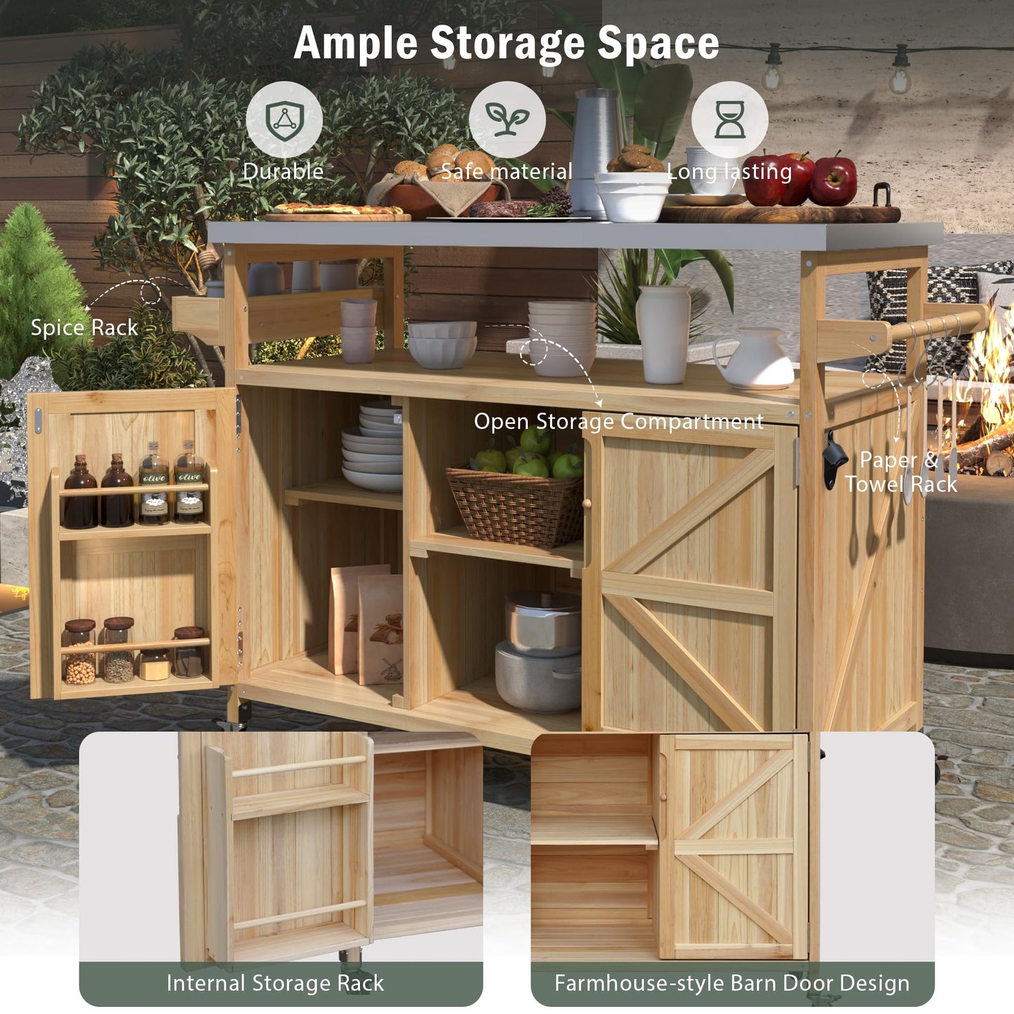 YOPTO Outdoor Kitchen Island,Rolling Bar Cart & Storage Cabinet,Farmhouse Solid Wood Outdoor Grill Table with Stainless Steel Top,Spice and Towel Rack,for Kitchen,Barbecue,Natural,50"