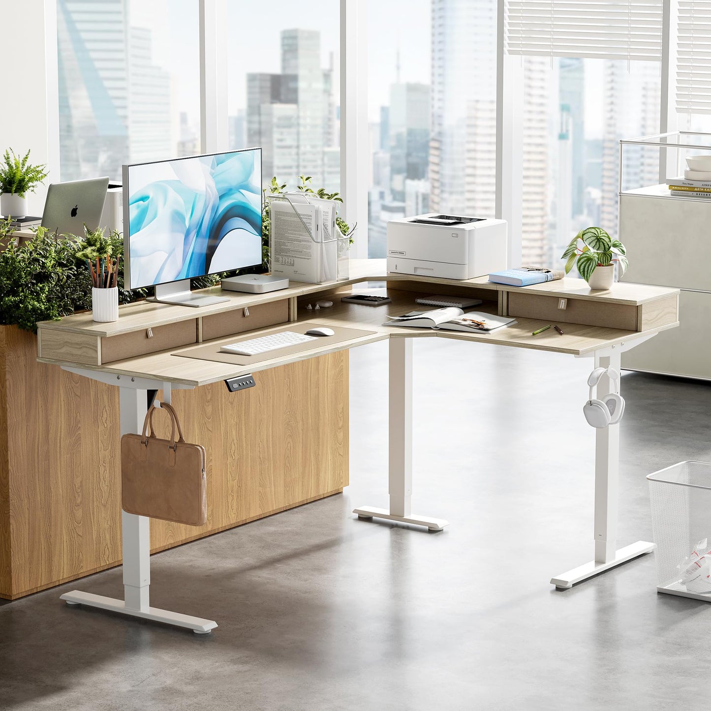 CubiCubi L Shaped Standing Desk with Drawers 63 x 48 Inch Adjustable Height, Electric Corner Desk with Storage, Sit Stand Home Office Desk with Splice Board, Light Walnut