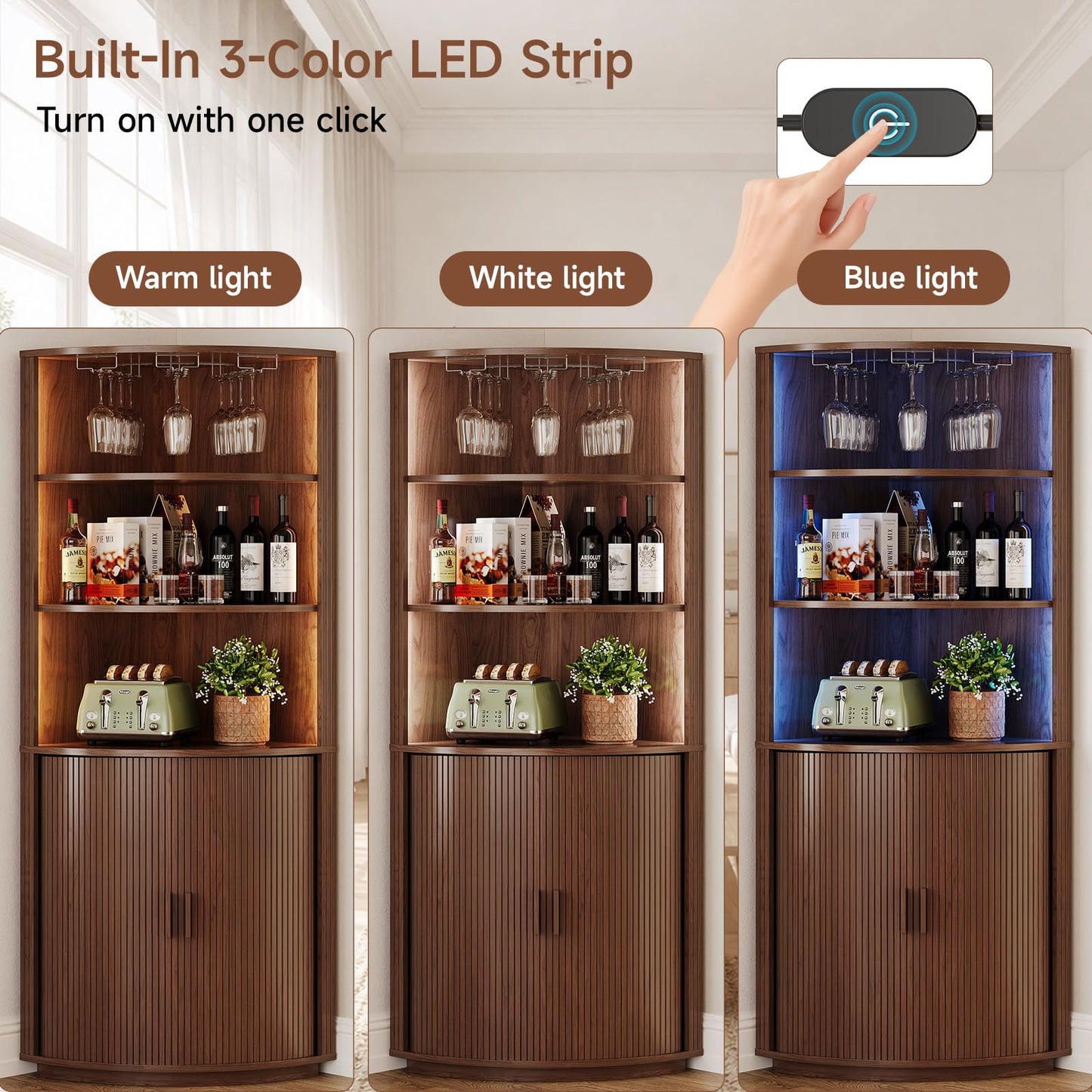 72" Tall Corner Bar Cabinet, Fluted Wine Cabinet with LED Lights, Mid-Century Modern Wine Bar with Sliding Door & Glass Holder, Coffee Bars Station for Living Room, Walnut