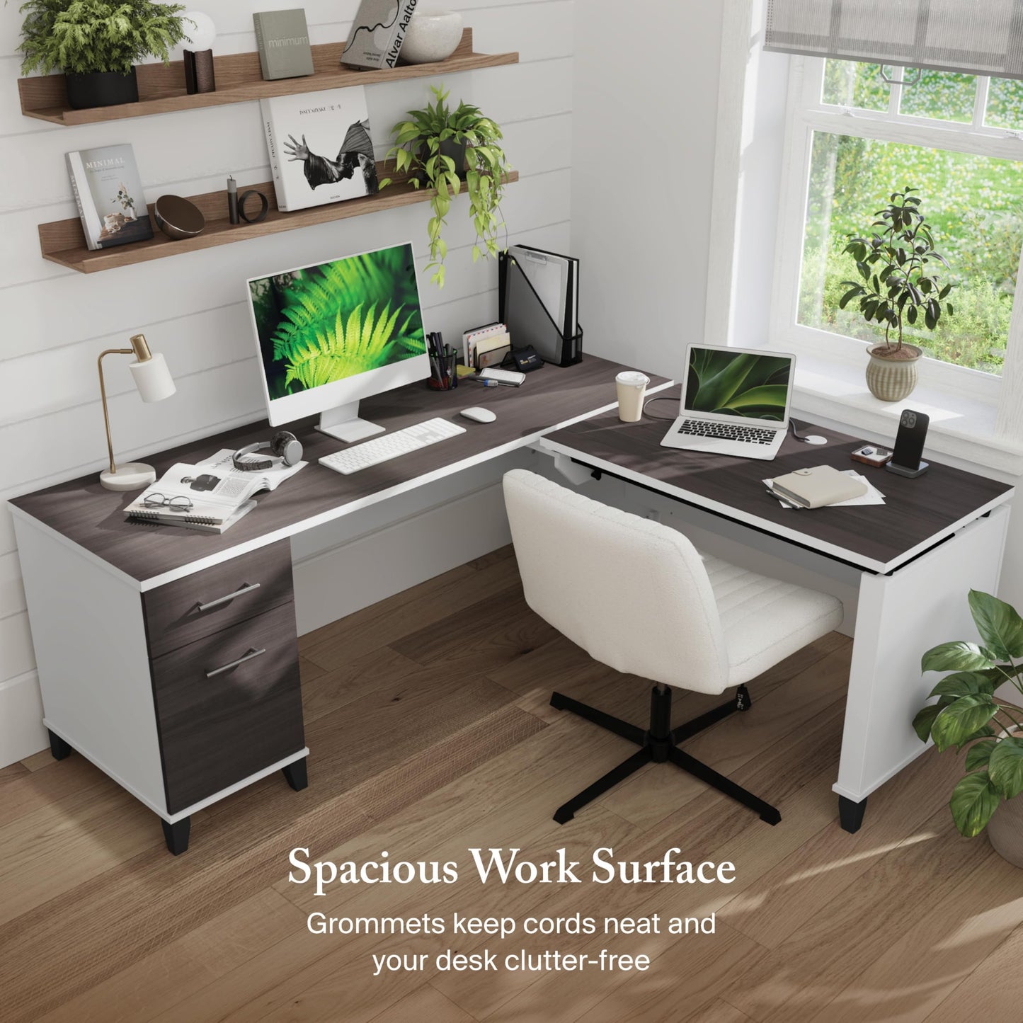 Bush Furniture Somerset 72W 3 Position Sit to Stand Adjustable Standing L Shaped Desk in White and Storm Gray, Ergonomic Corner Computer Office Table