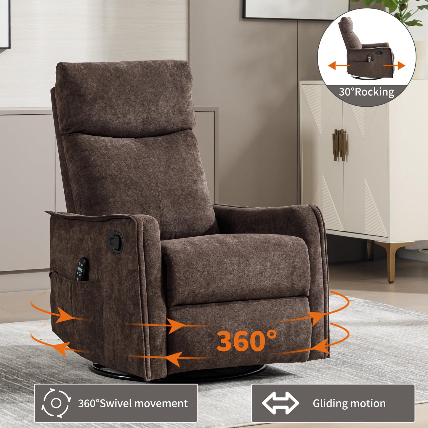 KEIKI 4-in-1 Manual Swivel Rocker Recliner Chair for Home Living Room, Polyester Chair with Back Massager & Heat, Home Theater Seating with Lumbar Support, Cozy Modern Style for Old Money, Brown
