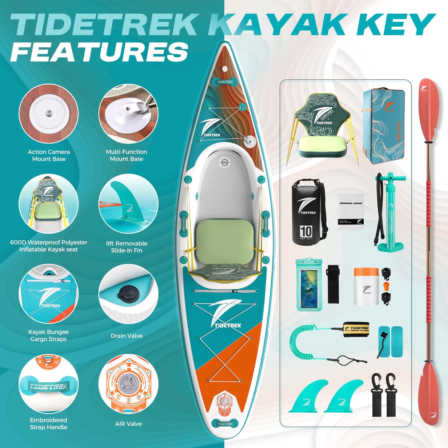 TIDETREK Inflatable Touring Kayak with Waterproof Seat & Premium Accessories, 11'3" x 35" x 8" Ultra-Stable SUP Kayak Hybrid, Non-Slip Comfort Deck for Adults & Youth (Coral Tide)