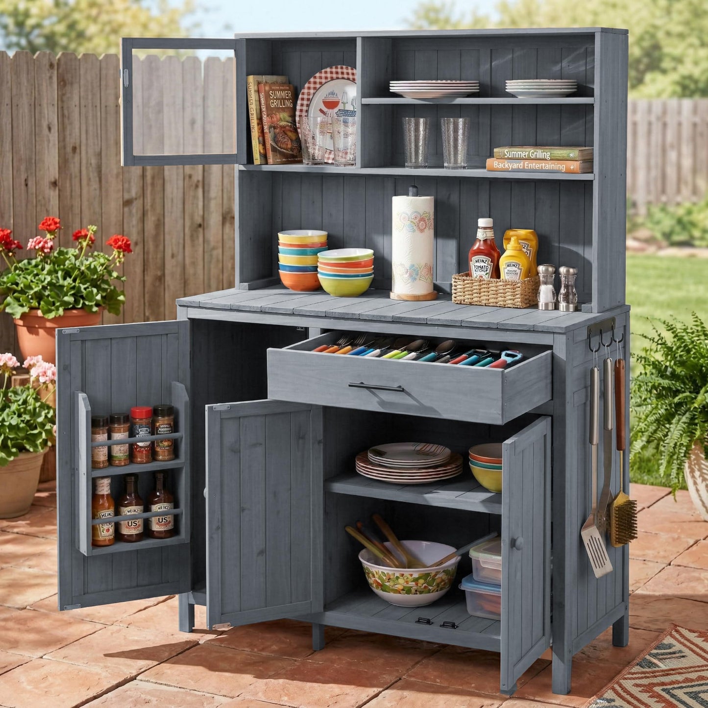 THINK 30 Potting Bench with Hutch, 65" H Solid Fir Wood Garden Workstation, Large Countertop, Patio Kitchen Island with Adjustable Shelves, Spice Rack, Side Hook and Drawer, Gray