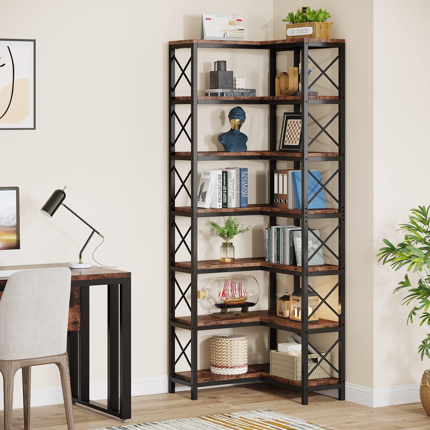 LITTLE TREE 7-Tier Tall Corner Book Shelf,Rustic Brown Corner Bookshelf, Modern Bookcase Metal Storage Shelves for Bedroom Living Room or Home Office