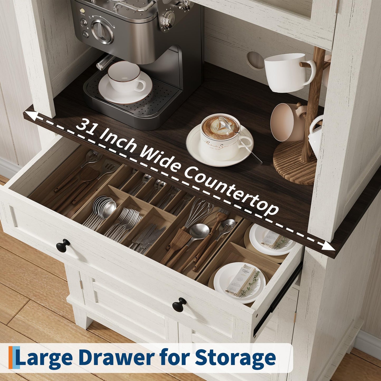 GAOMON Elegant 72" White Pantry Coffee Bar Cabinet – Tall Kitchen Storage with Adjustable Shelves, 4 Glass Doors & 1 Drawer – Multi-Functional Hutch for Dining Room & Kitchen, White