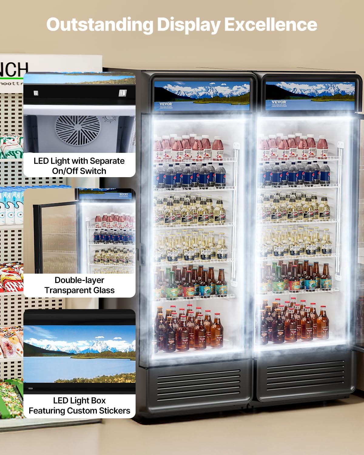 VEVOR Commercial Merchandiser Refrigerator, 12.2 CU.FT Glass Door Display Refrigerator, Beverage Cooler Merchandiser with Adjustable Shelves, Soft LED Light, Customizable Lightbox, Black