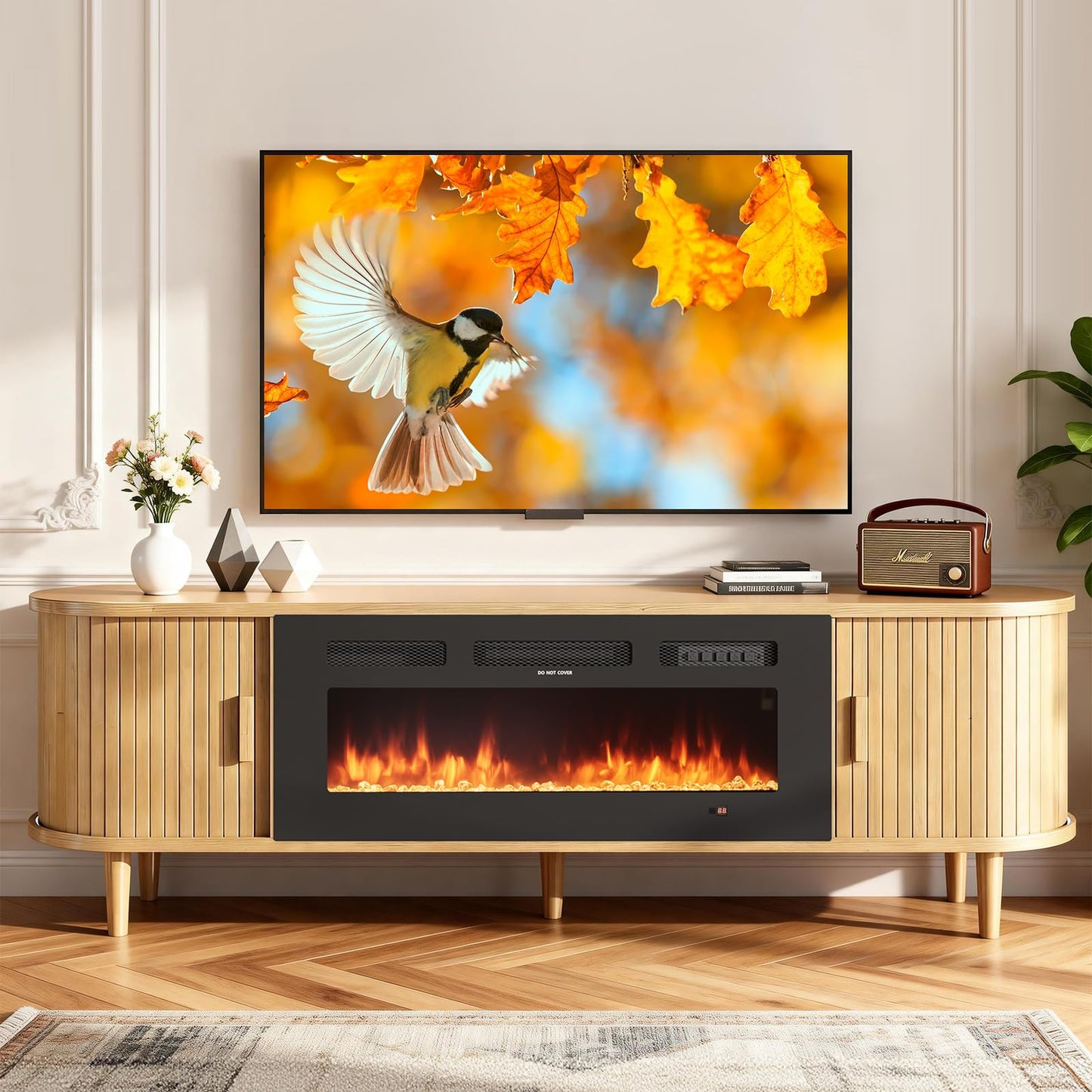 MXV 70″ Fluted Fireplace TV Stand, Mid Century Modern TV Stand with 36″ Fireplace for TVs Up to 80", Entertainment Center with Sliding Door & Solid Wood Legs, for Living Room, Oak