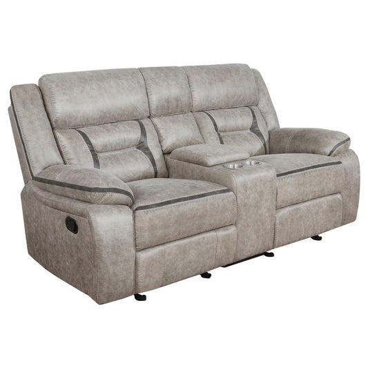 Coaster Home Furnishings - Greer - Faux Leather Upholstered Glider Reclining Loveseat with Console, Built-in Cupholders, Storage and USB Port - Home Theater & Living Room - Taupe - 651352