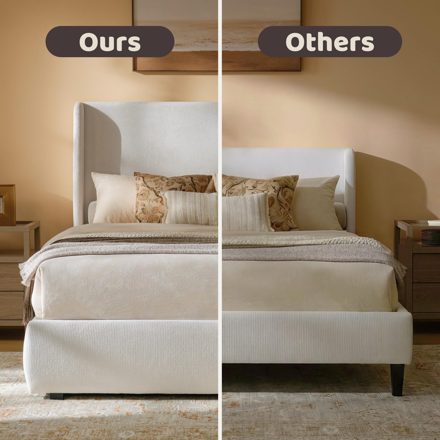 RECCI King Upholstered Wingback Bed Frame, 52” Tall Cushioned Headboard, Soft Edges, Low Profile Platform Bed, Sturdy Wood Slats, No Box Spring Needed, Ivory White Canvas
