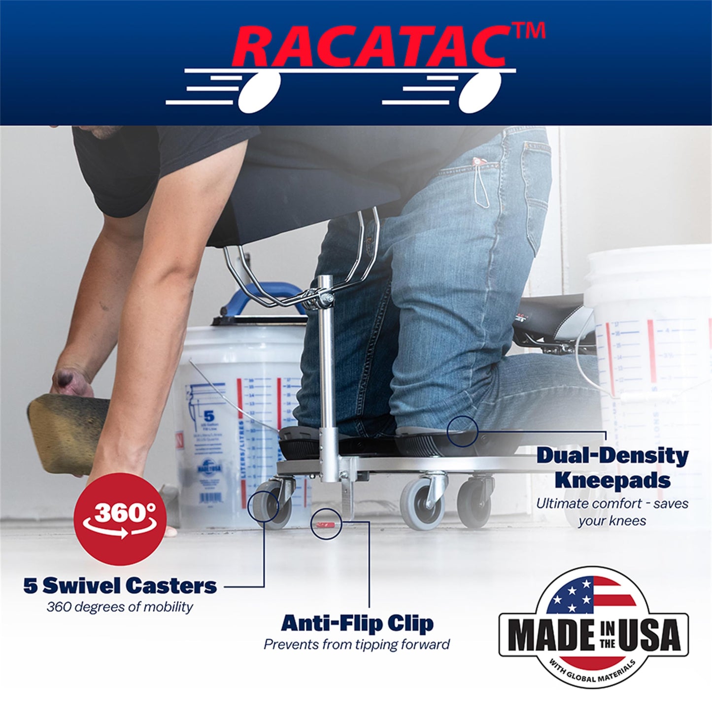 Racatac Kneeling Sitting Creeper with Chest Support and 3 Inch Casters, Rolling Knee Pads with Seat, Creeper for Flooring Installation, Assembled in USA, 01RAC3CS