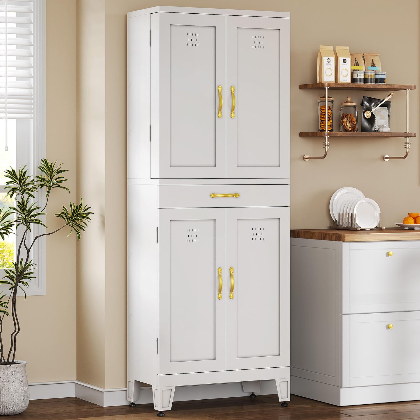 YITAHOME 71" Metal Kitchen Pantry Cabinet with 4 Door & 4 Adjustable Shelves, Storage Cabinet with 1 Drawer & 8 Door Racks, Tall Freestanding Food Steel Cupboard for Kitchen, Dining Room, White