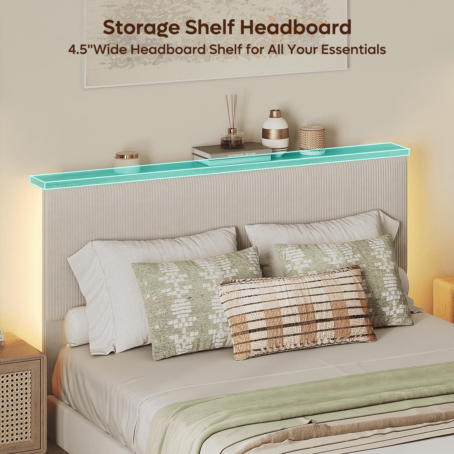 Bestier Queen Bed Frame with Adjustable Headboard & LED Lighting, Corduroy Upholstered Platform Bed Frame with Storage Shelf, Solid Wood Slats, No Box Spring Needed,Never Squeak, Easy Assembly, Beige