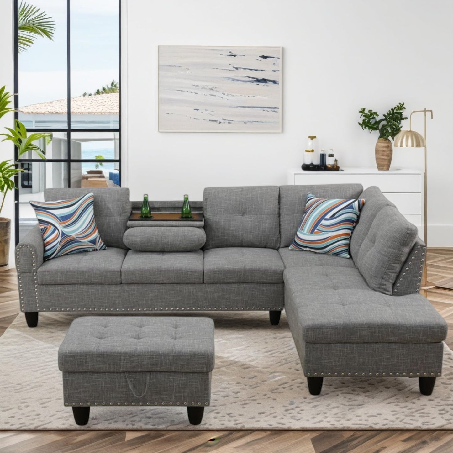 Trygoal 97.5" Linen L Shaped Couch with Right Chaise & Cup Holder, Sectional Sofas Modular Furniture Set with Storage Ottoman, Convertible Couches for Living Room, Small Space & Office (Grey)