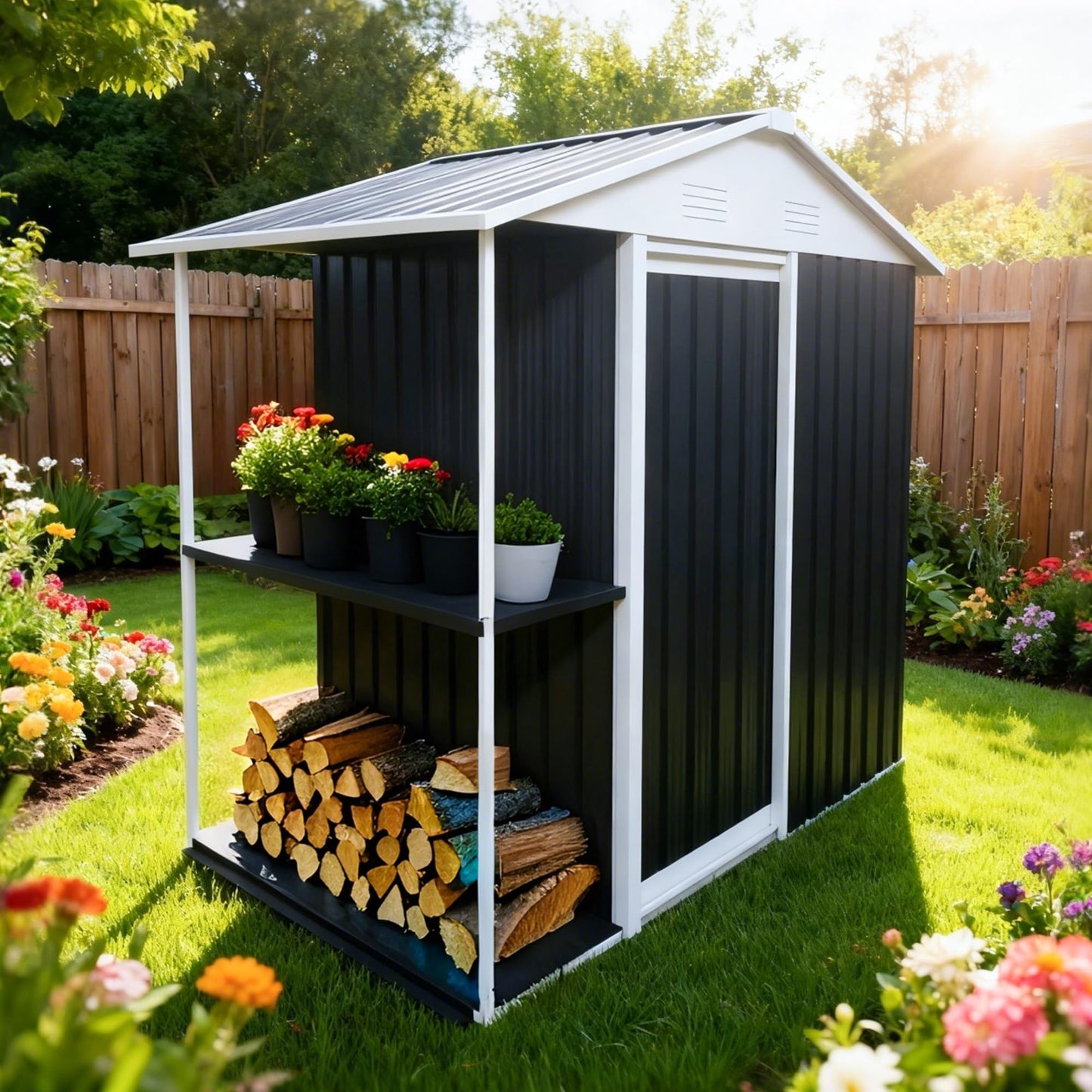 KEIKI 6x4 FT Outdoor Storage Shed with Rack, Metal Garden Shed with Storage Shelves, Bike Storage Tool Cabinet Box for Lawn, Backyard, Patio