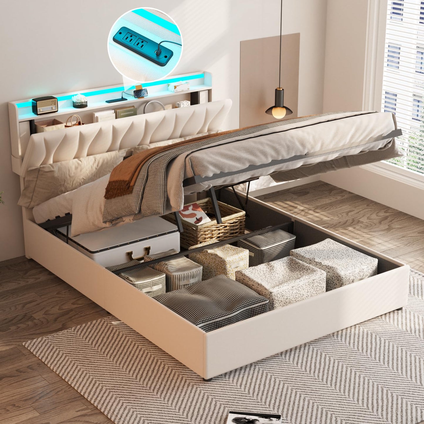 Fameill Queen Size Lift Up Storage Bed Frame with Adjustable Headboard, Charging Station, LED Lights, Wood Slats, Noise-Free, No Box Spring Needed, Beige