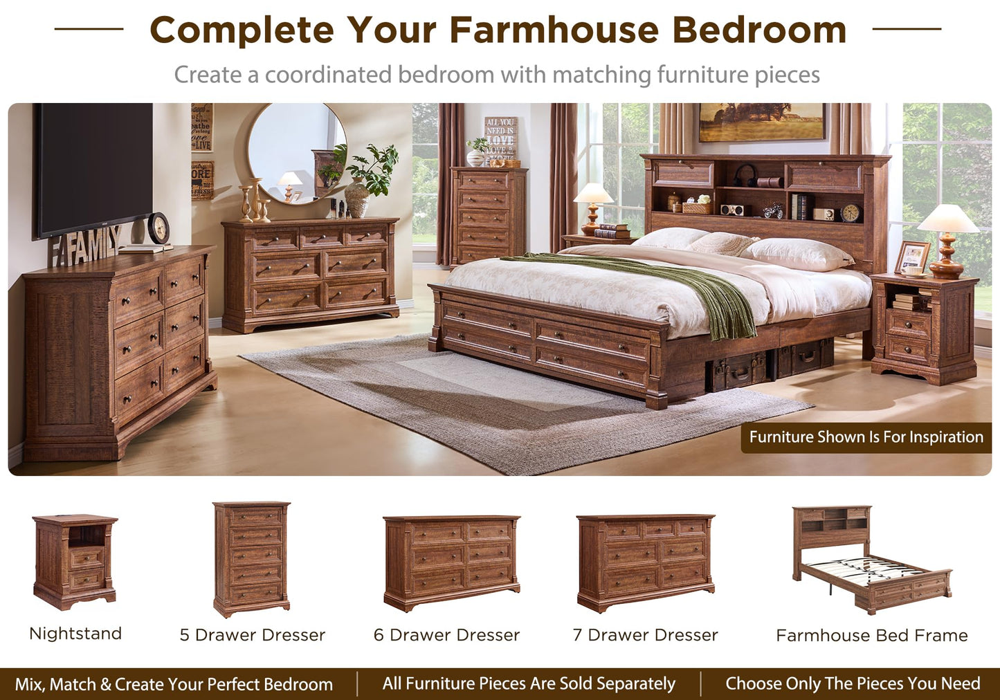 T4TREAM Farmhouse 7 Drawers Dresser for Bedroom, 54" Wide Wood Rustic Chest of Drawers w/Roman Column, Wooden Storage Dressers Organizer for Bedroom, Living Room, Closet, Reclaimed Barnwood