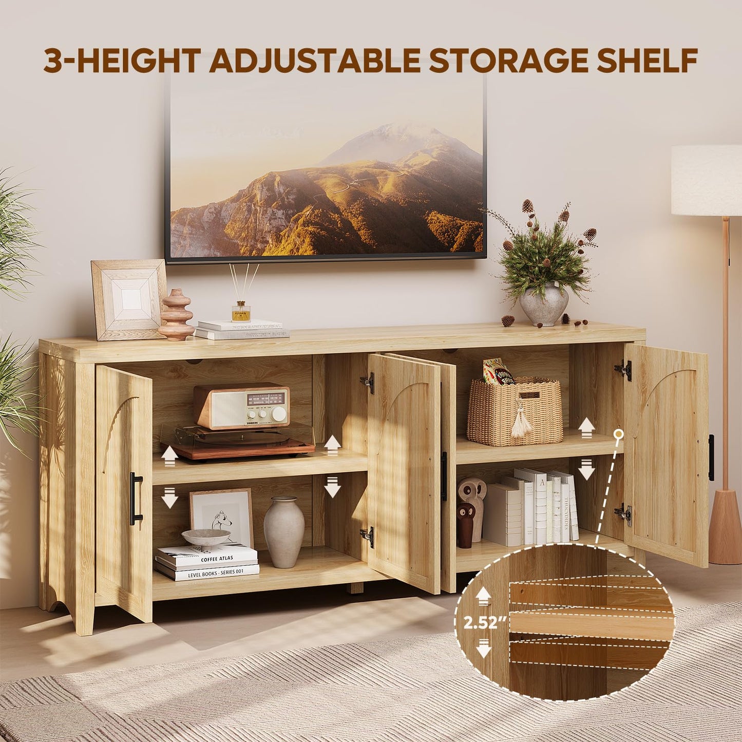 Bestier 70"W Sideboard Buffet Cabinet with Storage, Mid Century Credenza Storage Cabinet, 4 Doors Reeded Sideboard, Adjustable Shelves, Wood Buffet Long Cabinet for Living Room, Entryway, Coastal Oak