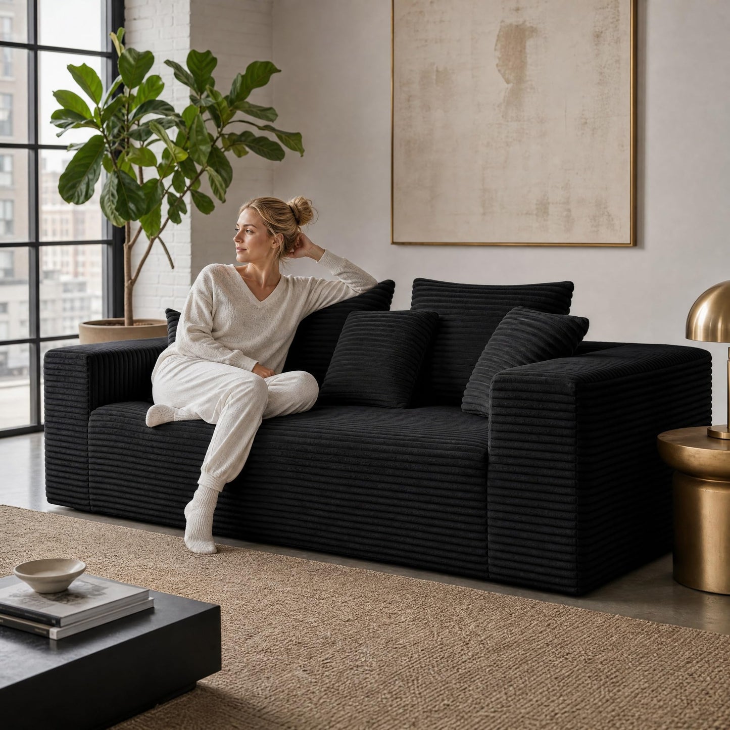 Trygoal 3-Pieces Sectional Boneless Couch Set for Living Room, Oversized Couch Including 3-Seater & 2-Seater & Single Chair, Deep Seat Sofa Set with Armrests & Pillows,No Assembly Required, Black