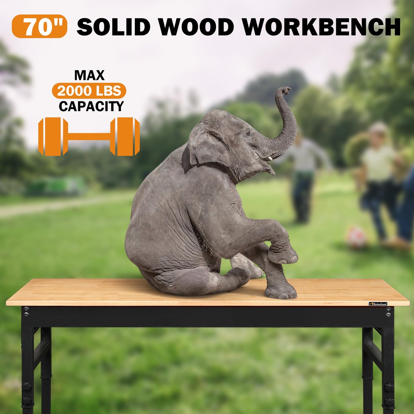 Betterhood 70" Adjustable Height Workbench, 2000 LBS Heavy Duty Work Table with Power Outlets & Pegboard, Rubber Wood Workstation for Garage, Workshop, Office, Home, Commercial