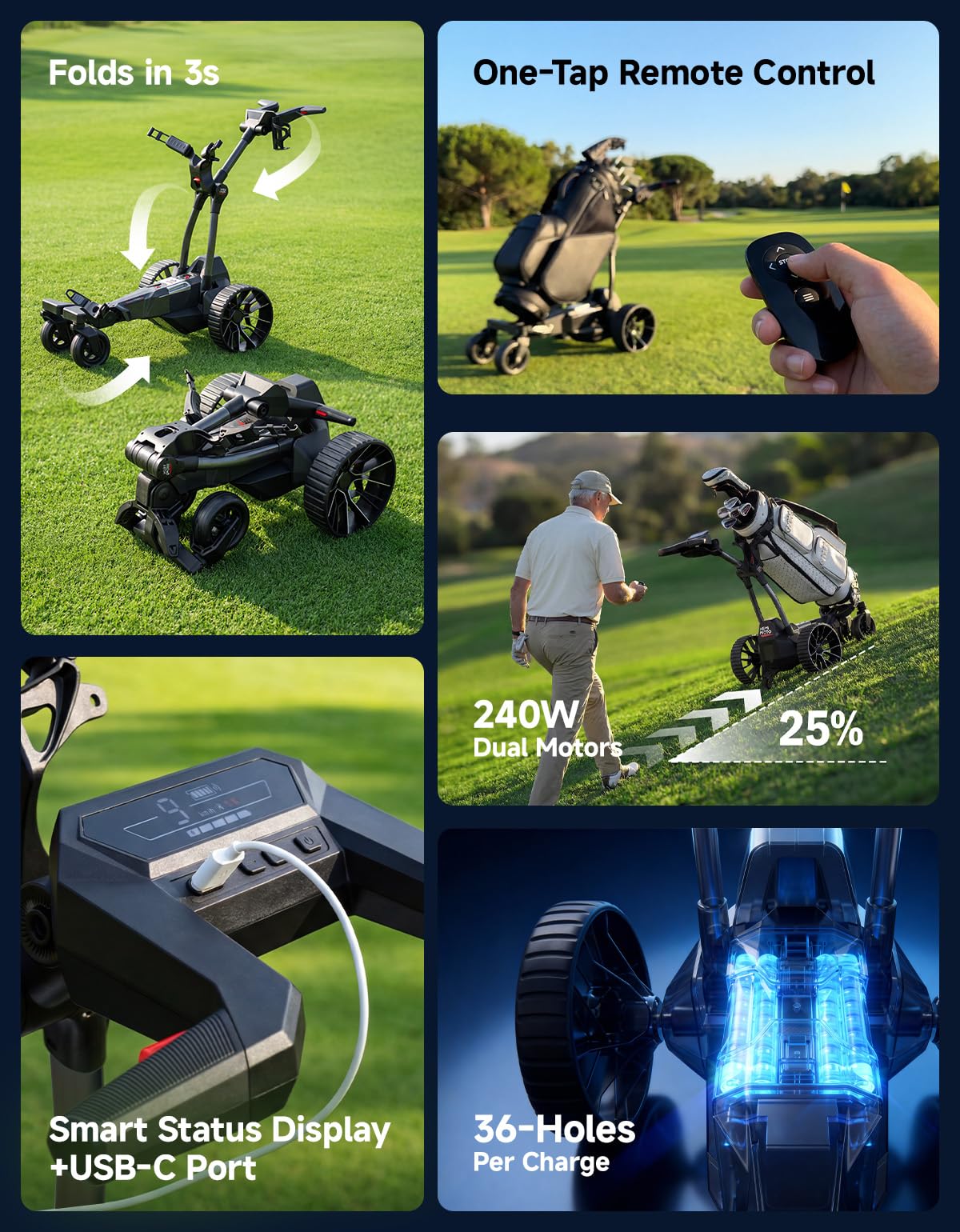 KEMIMOTO ApexR Electric Golf Cart with Power Assist Mode, 492FT Remote Control, Dual 240W Motor 36 Hole Battery, IPX5 Water Resistant Compact Folding Golf Caddy w/ USB-C, Drink & Umbrella Holder