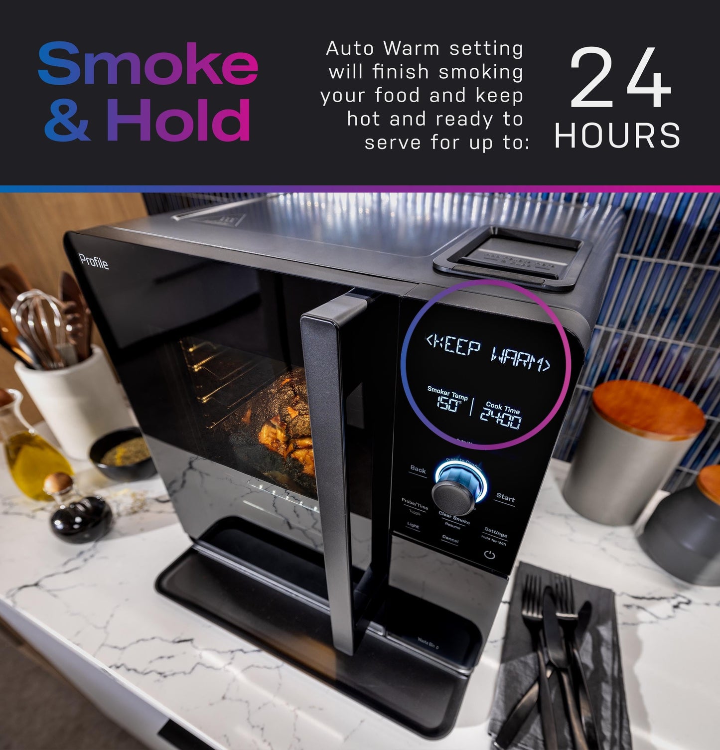 GE Profile™ Smart Indoor Pellet Smoker + Accessories Bundle, Includes Four 1lb Bag, Strainer, 20-pack of Drip Pan Liners, and Prep Tray, Stainless Steel, Carbon Black