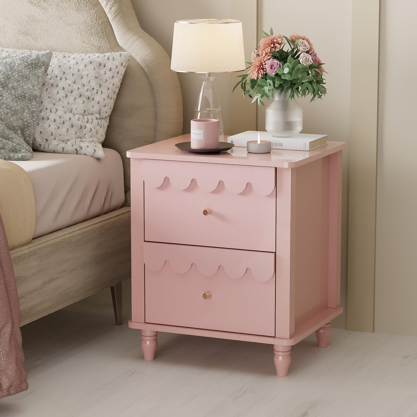 Anbuy Pink Nightstand Set of 2 with Petal Pattern, Modern Night Stand Set 2 with 2 Drawers for Bedroom, Side End Table Scalloped Bedside Night Tables with Solid Wood Legs