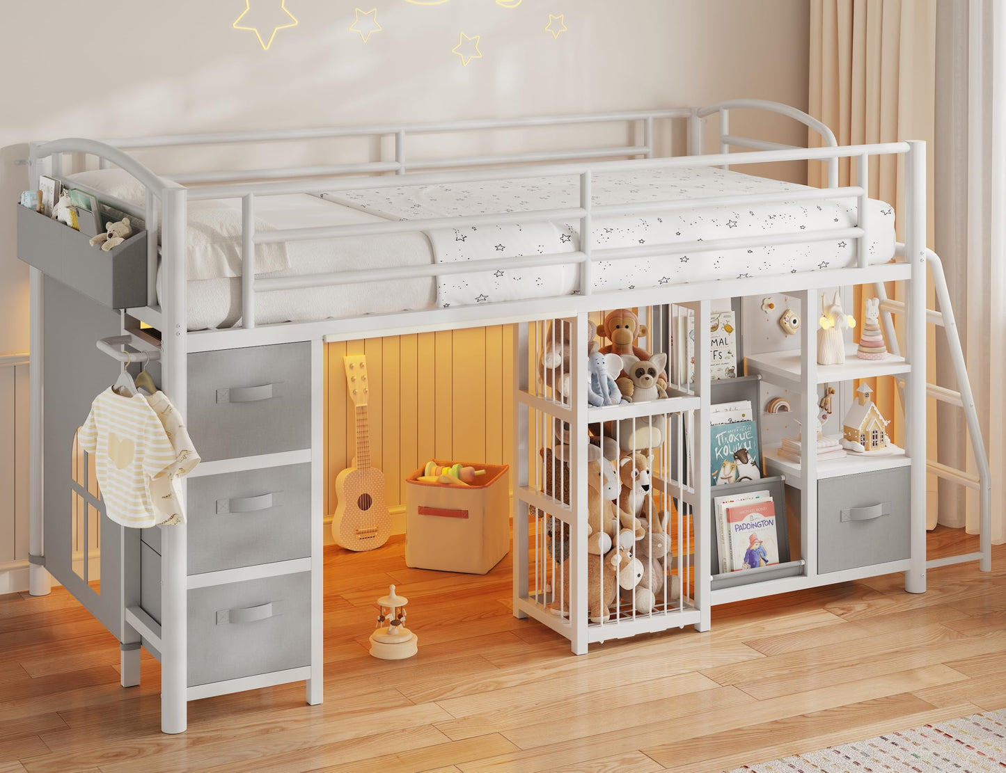 Low Loft Bed Twin Size with 4 Storage Drawers and LED Lights, Twin Loft Bed with Sling Bookcase & Toy Storage, Kids Twin Beds with Anti-Collision Pad & Play Curtain, Under-Bed Play Space, White+Grey