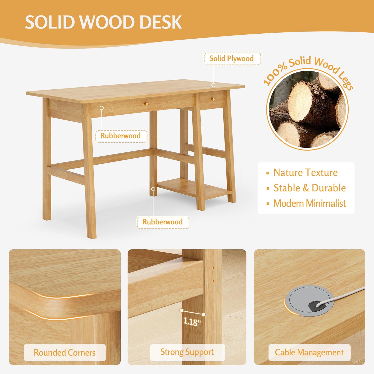 NELYE Solid Wood Desk with Drawer - 52 Inch Modern Writing and Computing Workstation for Home Office in Oak